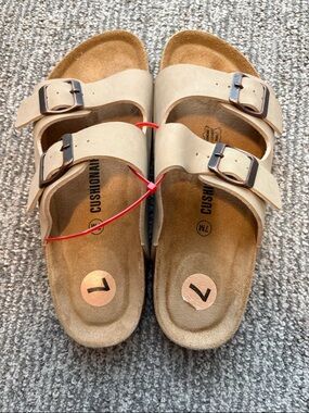 Cushioned Double-Buckle Sandals in Beige - Women's Comfort Slides